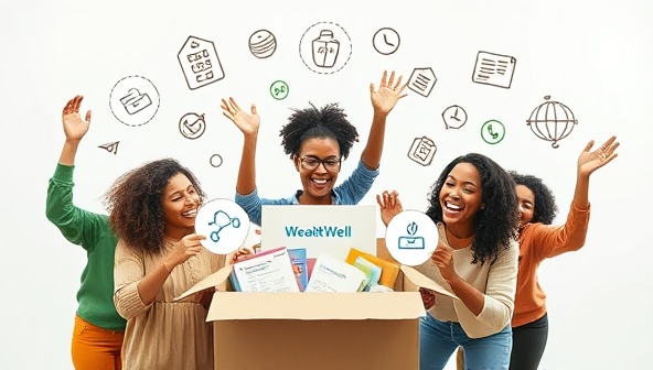 An unboxing scene with a diverse group of individuals excitedly unpacking their WealthWell Kit, revealing various financial wellness tools and resources, surrounded by icons representing budgeting, saving, and investing, conveying excitement and engagement in financial education.