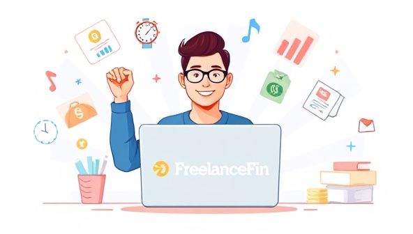 A dynamic visual representation of FreelanceFin showcasing a freelancer confidently managing their finances on a laptop, surrounded by icons symbolizing income streams, savings, and financial goals, reflecting empowerment and financial well-being in the gig economy.