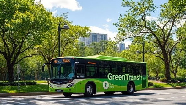 An image of a GreenTransit biofuel-powered shuttle bus driving through a lush urban park surrounded by green trees and clear skies, symbolizing clean and sustainable transportation options for city commuters and travelers, with a focus on environmental conservation.