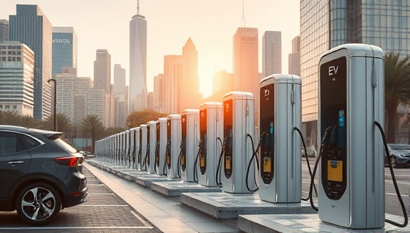 An innovative image showcasing a row of sleek EV charging stations in a bustling cityscape, with electric vehicles plugged in for charging, emphasizing sustainability, modernity, and convenience in urban mobility.