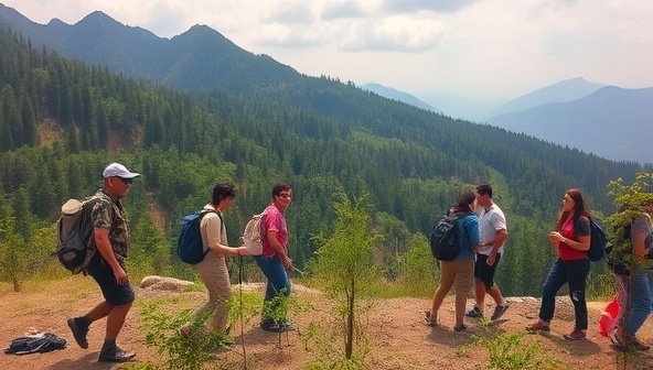 A serene wilderness landscape with a group of diverse travelers engaging in eco-friendly activities like hiking, birdwatching, and tree planting, emphasizing the harmony between adventure and environmental preservation.