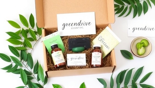 A beautifully designed subscription box filled with eco-friendly car accessories, surrounded by green leaves and natural elements, evoking the sustainable and stylish essence of GreenDrive Essentials.