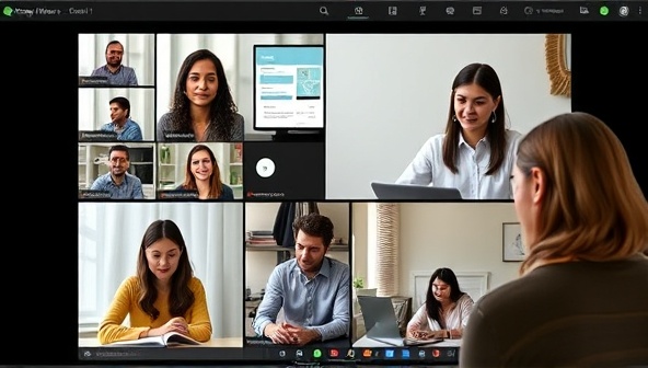 An online writing workshop session, featuring a diverse group of participants engaged in a virtual discussion, with a coach providing feedback on a participant's written piece, showcasing collaboration and learning.