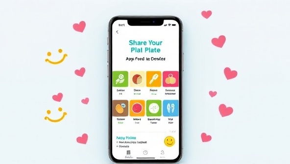 A smartphone screen displaying the Share Your Plate app interface with colorful food icons representing different donation options, surrounded by happy faces and heart symbols, illustrating the concept of sharing food and reducing waste through technology.