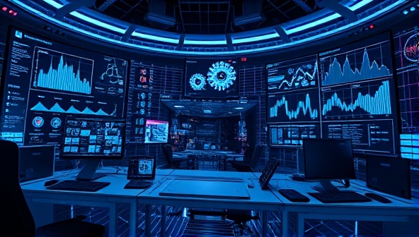 A futuristic digital workspace with AI algorithms visualized on multiple screens, creating targeted ad campaigns with precision and speed, symbolizing cutting-edge technology in advertising.