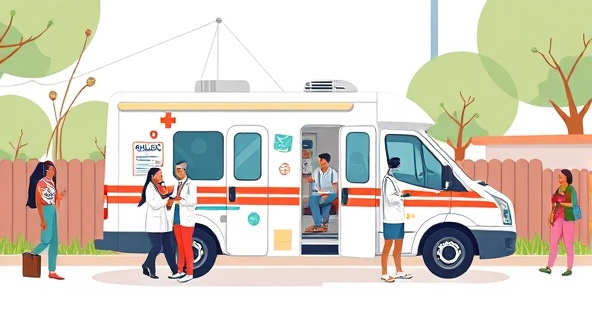 An illustrative design of a mobile clinic vehicle parked in a community setting, with medical professionals attending to patients outside the clinic, showcasing accessibility and community outreach in healthcare services.