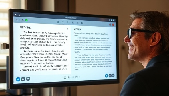 An AI interface screen displaying a before-and-after comparison of a text passage, showcasing the platform's editing suggestions and improvements, with a satisfied writer looking at the screen in amazement, emphasizing the tool's impact on writing quality.