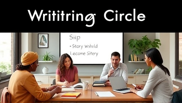 A virtual writing circle setup with diverse writers connecting through online platforms, sharing writing tips, discussing story ideas, and providing encouragement to each other, creating a collaborative and motivating environment for the WriteSync Circles accountability groups.