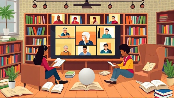 An engaging visual representation of a virtual book club meeting, with diverse participants connecting online to discuss a shared reading experience, surrounded by digital bookshelves and cozy reading nooks, symbolizing community, intellectual dialogue, and shared passion for literature.