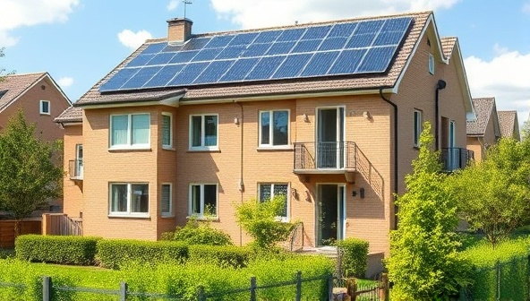 An eco-friendly residential building with solar panels on the roof, energy-efficient windows, and lush green landscaping, symbolizing sustainable and environmentally conscious real estate practices, appealing to eco-conscious buyers and investors.