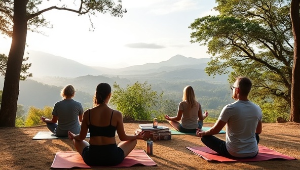 A tranquil retreat setting with professionals engaged in yoga and meditation sessions amidst a serene natural backdrop, conveying the essence of relaxation and rejuvenation at RemoteRecharge wellness retreats for remote workers.