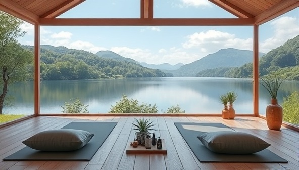 A serene virtual retreat setting with a calming nature backdrop, yoga mats, meditation cushions, and essential oils, creating a tranquil and immersive space for wellness activities, promoting relaxation and inner peace for subscribers.