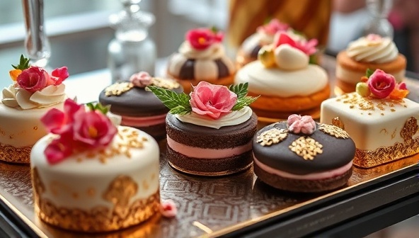 A visually stunning image capturing an array of meticulously crafted artisanal desserts adorned with edible flowers, gold leaf accents, and intricate designs, presented on a glamorous dessert table setting, exuding luxury and sophistication.