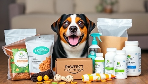 An adorable pet photo featuring a happy dog or cat surrounded by a variety of Pawfect Health Box products, including treats, toys, grooming essentials, and wellness supplements, creating a heartwarming and pet-friendly atmosphere that highlights the subscription service's offerings.