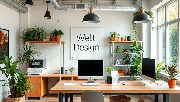 A visually appealing representation of a sustainable web design agency's workspace, featuring eco-friendly materials, energy-efficient devices, and green plants, reflecting the agency's commitment to environmental sustainability and innovation.
