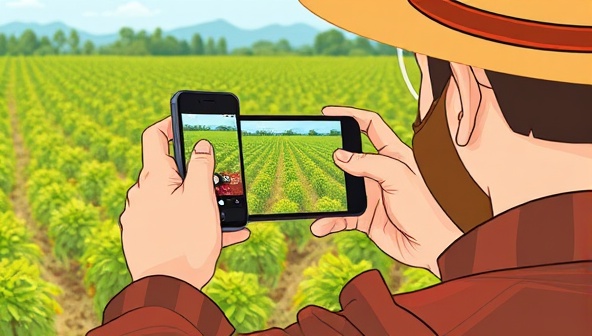 An illustrated depiction of a farmer using a smartphone to capture images of diseased crops, with an AI interface analyzing the photos and providing real-time diagnostic results, highlighting the convenience and accuracy of the service.