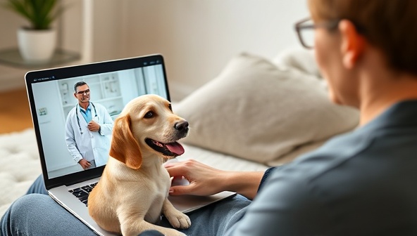 An engaging image of a pet owner having a virtual consultation with a veterinarian on a laptop, while their pet sits beside them, showcasing the convenience and personalized care of the telehealth platform.