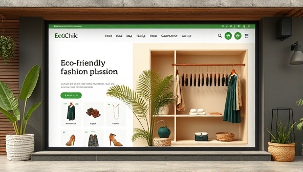 An aesthetically pleasing online marketplace design featuring eco-friendly fashion products displayed on a virtual storefront, with natural elements and green accents, reflecting the sustainable and chic essence of the EcoChic Market platform.