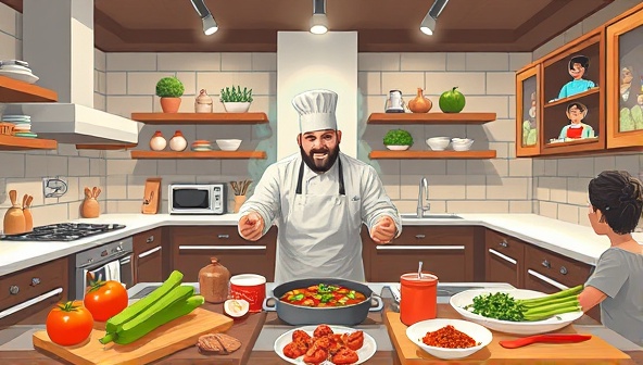 An appetizing digital illustration of a virtual kitchen studio with a chef preparing a gourmet dish, surrounded by fresh ingredients, cooking utensils, and a diverse group of participants following along in their own kitchens, creating a vibrant and interactive culinary experience in a virtual space.
