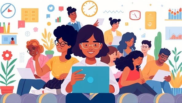 A vibrant and diverse digital illustration featuring various individuals engaging in virtual skill development activities, showcasing the inclusive and interactive learning environment facilitated by SkillVista Exchange and the wide array of skill categories available for exploration and growth.