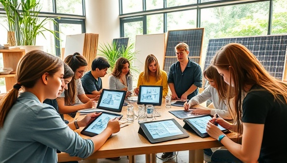 An interactive workshop setting with participants engaged in hands-on activities, sketching eco-friendly building designs on digital tablets, surrounded by sustainable building materials like bamboo, recycled glass, and solar panels, creating a vibrant and educational atmosphere.