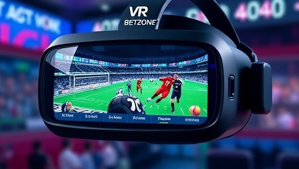 A futuristic VR headset displaying virtual sports betting with realistic graphics and animations, showcasing the immersive and innovative nature of the VR BetZone platform.