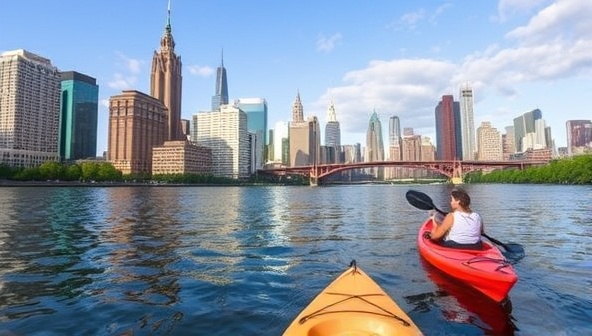 An urban skyline with kayaks gliding along a serene river in the foreground, with paddlers enjoying the cityscape from a different perspective, capturing the essence of urban water exploration at PaddleCity Rentals.