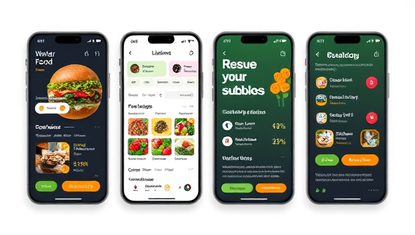 A dynamic and informative app interface mockup of WasteNot Solutions, displaying a user-friendly design with food listings, discounts, and sustainability metrics, along with colorful graphics illustrating the concept of rescuing surplus food and reducing waste, engaging users in a meaningful and eco-conscious dining experience.