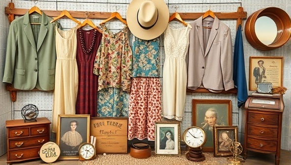 A visually appealing collage of vintage clothing items, retro accessories, and antique decor pieces arranged in a stylish manner, evoking nostalgia and uniqueness.