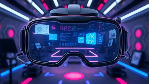 An immersive VR headset displaying a virtual website design studio environment, with digital tools and interactive elements floating in a futuristic setting, illustrating the innovative and cutting-edge nature of VRWebCraft.