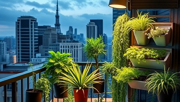 A stylish urban balcony transformed into a lush vertical garden using SkyHarvest Kits, showcasing a variety of thriving plants under soft, ambient LED grow lights against a city skyline backdrop.