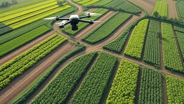An aerial view of lush farmland with DronePollinate drones buzzing around, delicately pollinating crops with precision and efficiency, showcasing the future of sustainable agriculture and innovative pollination solutions.