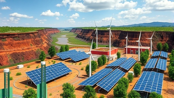 A futuristic mining site with solar panels, wind turbines, and greenery integrated into the landscape, symbolizing the harmony between mining operations and environmental conservation.