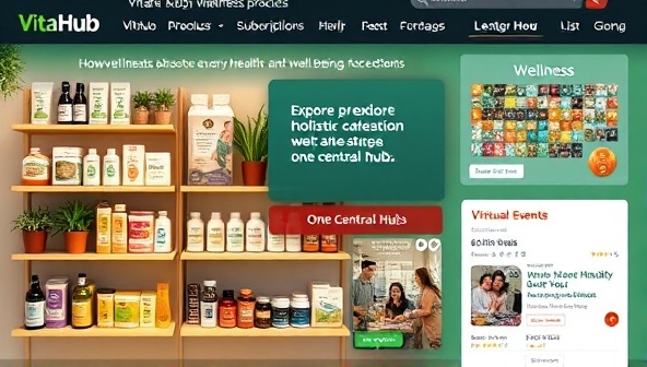A digital marketplace interface displaying a variety of wellness products, subscriptions, and services, with vibrant visuals, user reviews, and virtual event listings, inviting users to explore and discover holistic health and well-being solutions in one central hub at VitaHub Marketplace.