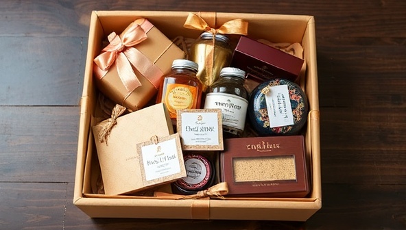 An elegantly wrapped gift box filled with an assortment of carefully selected items, adorned with ribbons and personalized tags, exuding a sense of thoughtfulness and celebration, perfect for special occasions.