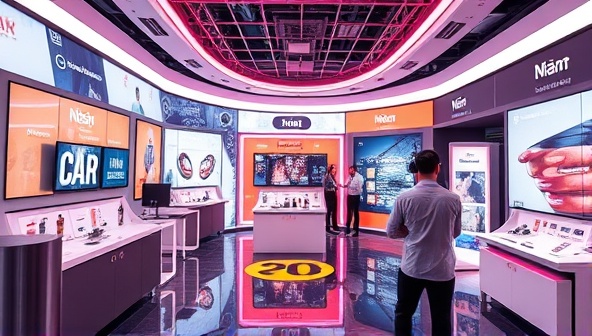 An immersive VR showroom displaying a futuristic brand environment with interactive product displays, digital signage, and virtual brand ambassadors engaging with virtual visitors, showcasing the platform's potential for creating memorable brand experiences.
