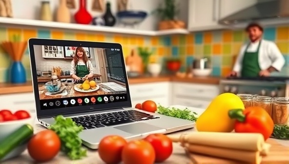 A colorful kitchen setting with a laptop showing a live cooking class, ingredients neatly arranged on a counter, and a chef engaging with virtual participants, creating a vibrant and interactive cooking experience.