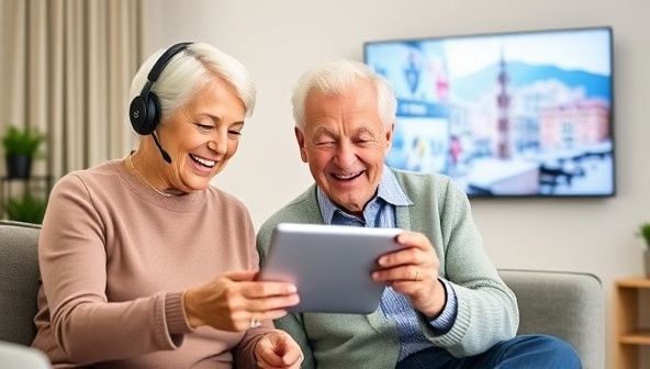 An elderly couple joyfully exploring travel apps on a tablet, assisted by a friendly tech support specialist, with a backdrop of travel destinations on the screen, showcasing the ease and empowerment seniors can experience with tech assistance for their travel needs.