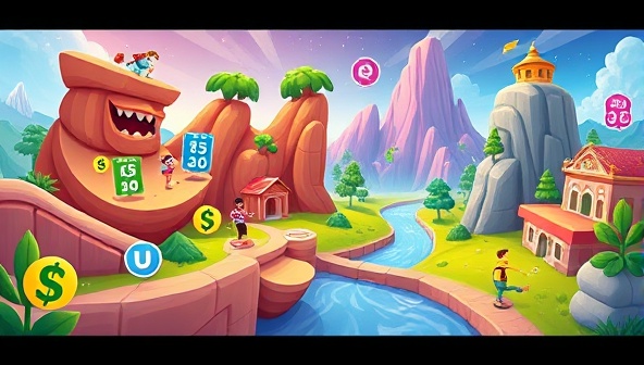 A vibrant and colorful game interface depicting a virtual financial world with avatars navigating through budgeting challenges, investment quests, and financial quizzes, exuding excitement and learning in a gamified financial literacy setting on MoneyWise Quest.