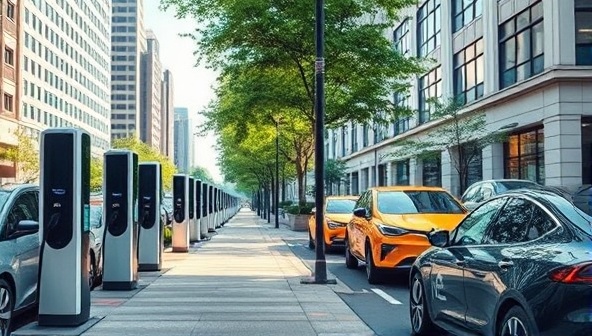 A bustling city street with sleek, modern EV charging stations lining the sidewalk, surrounded by greenery and futuristic electric vehicles, illustrating a clean and sustainable transportation ecosystem.