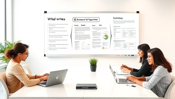 A sleek and professional virtual office setup with a team of writers brainstorming ideas, drafting documents on laptops, and collaborating on a digital whiteboard, reflecting creativity and teamwork in business writing solutions.