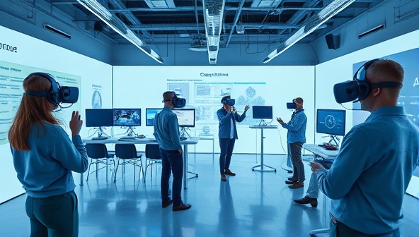 An immersive VR training scenario with employees interacting in a virtual workspace, practicing skills and undergoing simulations, demonstrating the cutting-edge VR training solutions offered by the consultancy.