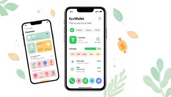 An illustrative mobile app interface showcasing the EcoWallet platform with colorful transaction icons, savings progress bars, eco-friendly design elements, and a seamless payment experience, reflecting convenience, sustainability, and financial empowerment for users on the go.