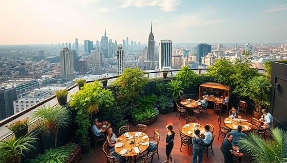 An aerial view of a bustling rooftop garden cafe with diners enjoying fresh meals surrounded by greenery, overlooking the city skyline, creating a serene and sustainable dining experience.