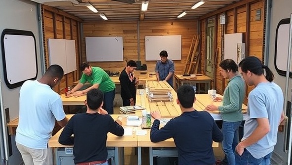 An engaging image of a mobile workshop setup with interactive stations for different construction skills, surrounded by eager participants learning and practicing.