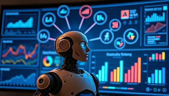 An AI-powered robot brainstorming ad copy ideas on a digital screen, surrounded by data analytics charts and creative marketing visuals, illustrating the platform's innovative approach to ad content creation.