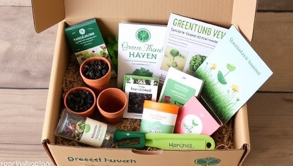 An eco-friendly subscription box filled with biodegradable pots, organic seeds, sustainable gardening tools, and informative booklets, showcasing the diverse and environmentally conscious contents of GreenThumb Haven boxes.