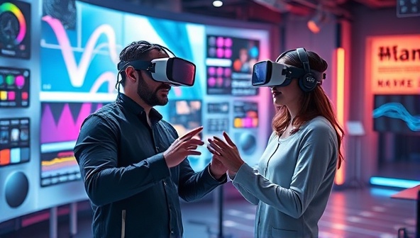 An immersive virtual reality scene where a designer and client interact in a futuristic digital studio environment, manipulating design elements, colors, and layouts in a visually stunning and interactive setting, symbolizing the next frontier of web design collaboration.
