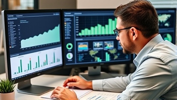 An investor analyzing property data on a computer screen, with charts, graphs, and maps displaying market trends and investment opportunities, conveying a sense of data-driven decision-making and financial analysis.