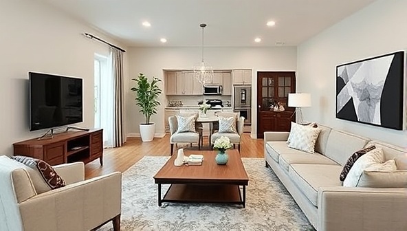 A digitally staged living room with virtual furniture and decor, seamlessly integrated into a real estate listing photo, showcasing the transformation and potential of Staging360's remote virtual home staging services.